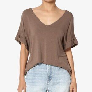 Luxe Rayon V-Neck Rolled Cuffed Short Sleeve Dolphin Hem Top T-shirt - Mocha